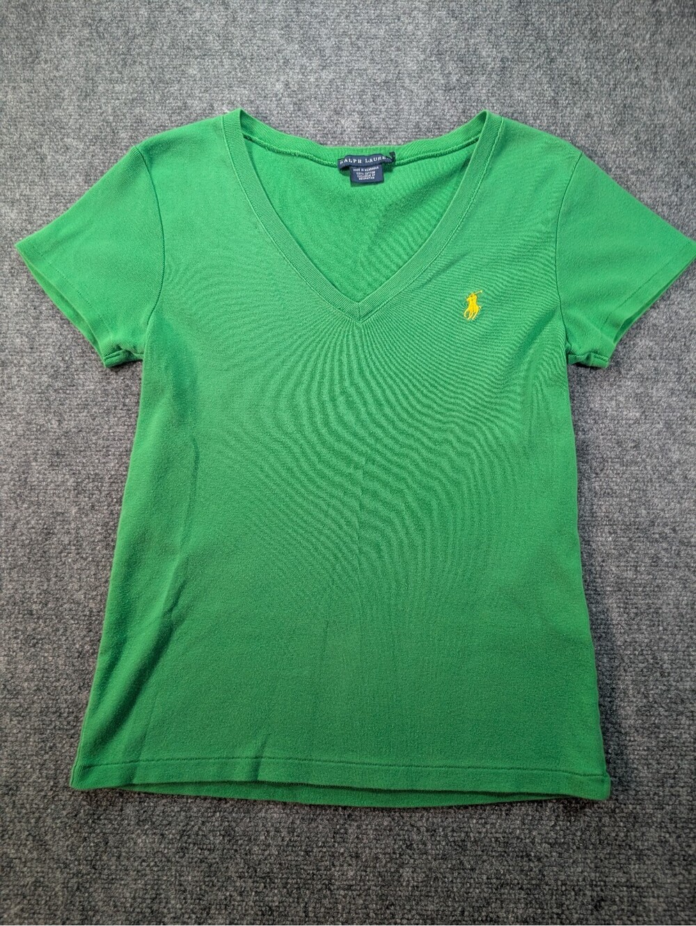 Ralph Lauren Green V-Neck Cotton T Shirt Yellow Pony Women's Large